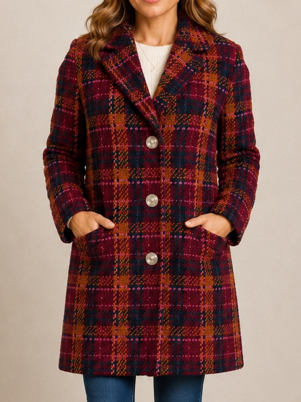 A New Day Plaid Bouclé Coat Jacket Burgundy Mustard Button Front Size Small
